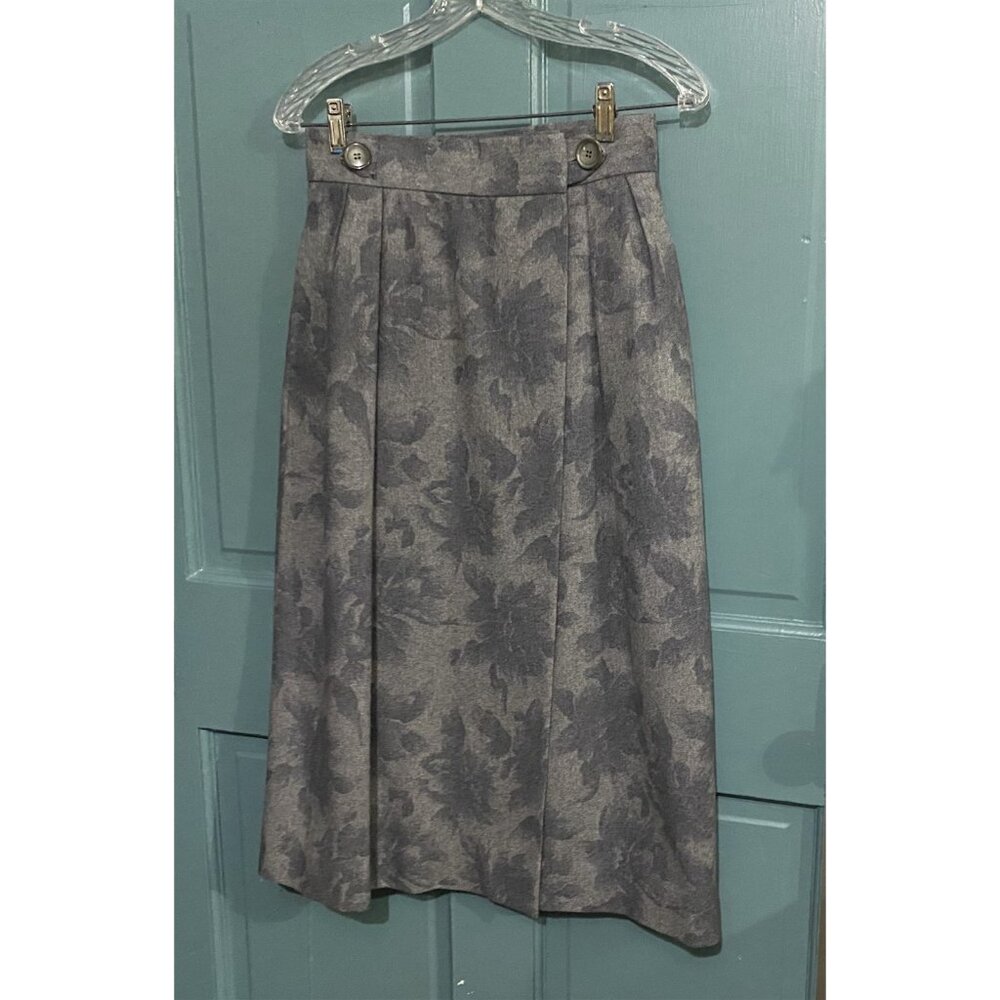 Vintage Spitalnick Wrap Skirt Wool Blend Gray Floral Midi Classic Fall